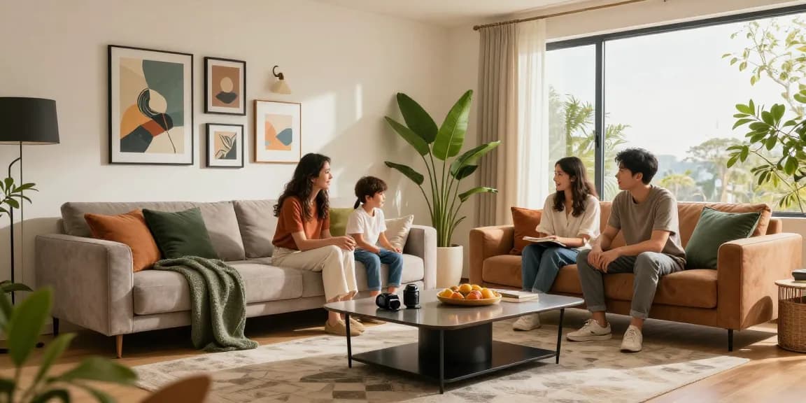Bequemer Wohnraum, der Optionen zum wohnmöbel online kaufen mit stilvollen Sofas und modernem Dekor zeigt.