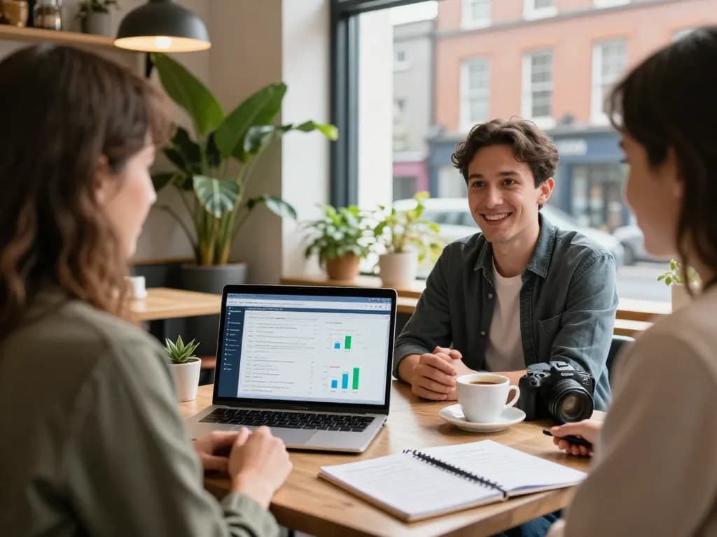 Engaging airbnb management dublin discussion between local experts in a cozy cafe.