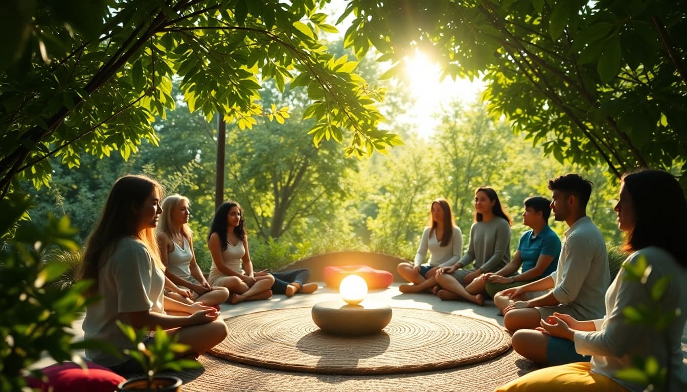 Spirituelle Seminare mit Teilnehmern in entspannter Atmosphäre unter Bäumen.