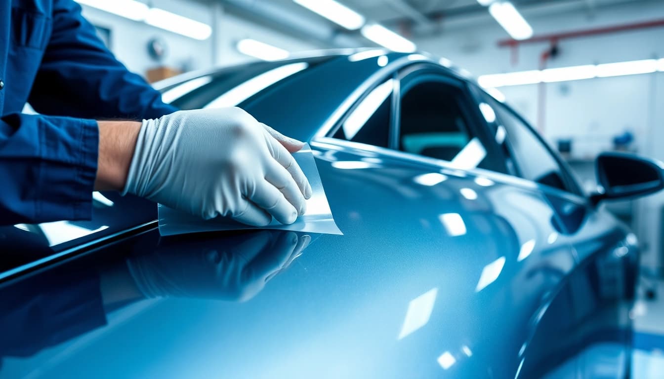 Steinschlagschutzfolie professionell montieren lassen, präzise Anwendung der Schutzfolie auf einem Auto.