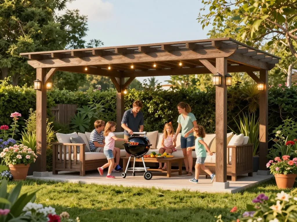 Visualisieren Sie eine atemberaubende Pergola 3D in einer lebhaften Gartenumgebung mit Familie und Aktivitäten im Freien.
