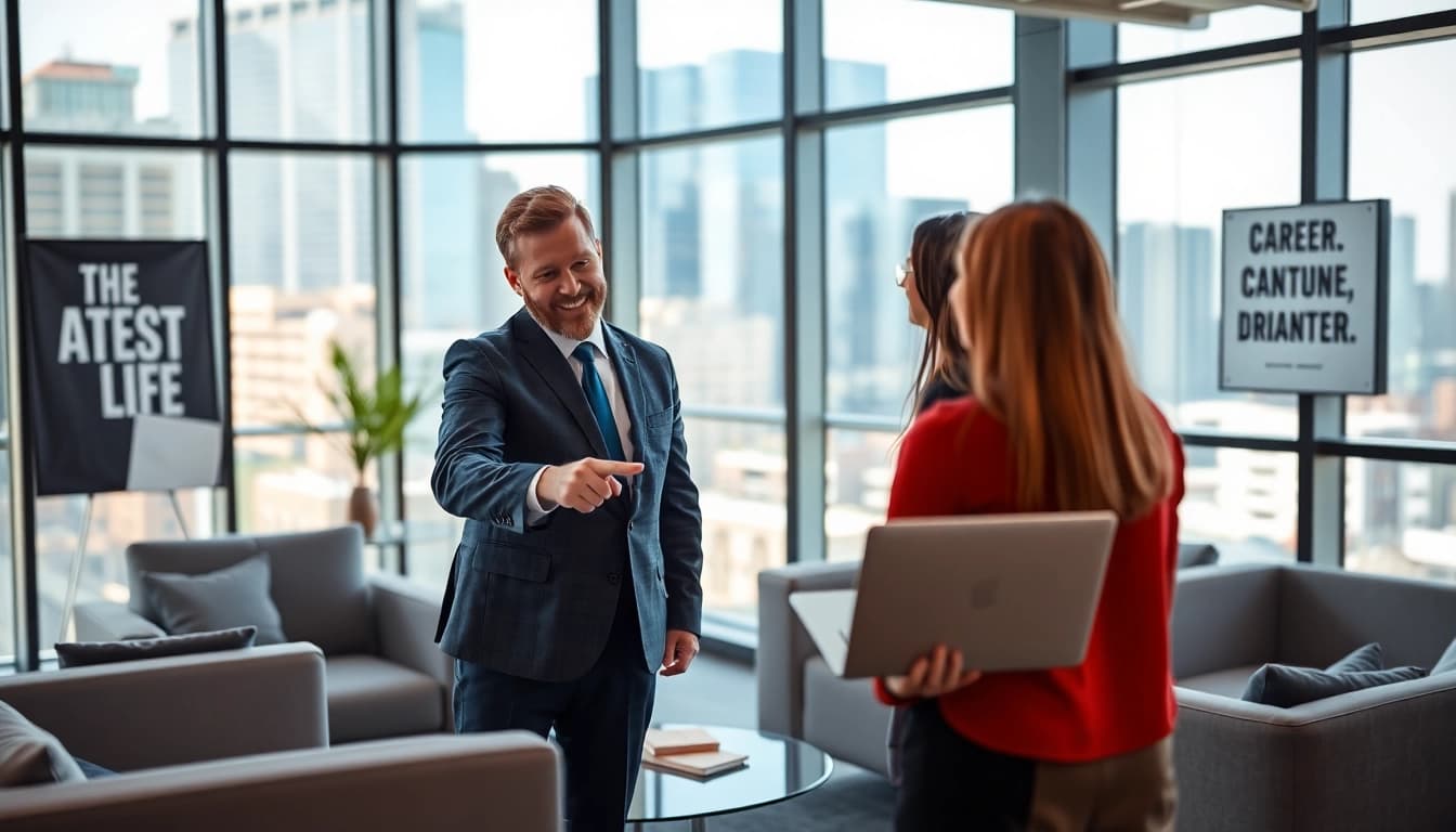 Headhunter Schweiz berät Kandidaten in einem modernen Büro mit Stadtblick.