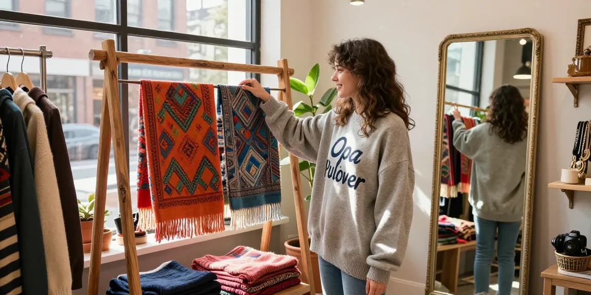 Young woman in a cozy boutique wearing a stylish Opa Pullover while exploring unique fashion accessories, embodying Kasselladi's modern lifestyle.