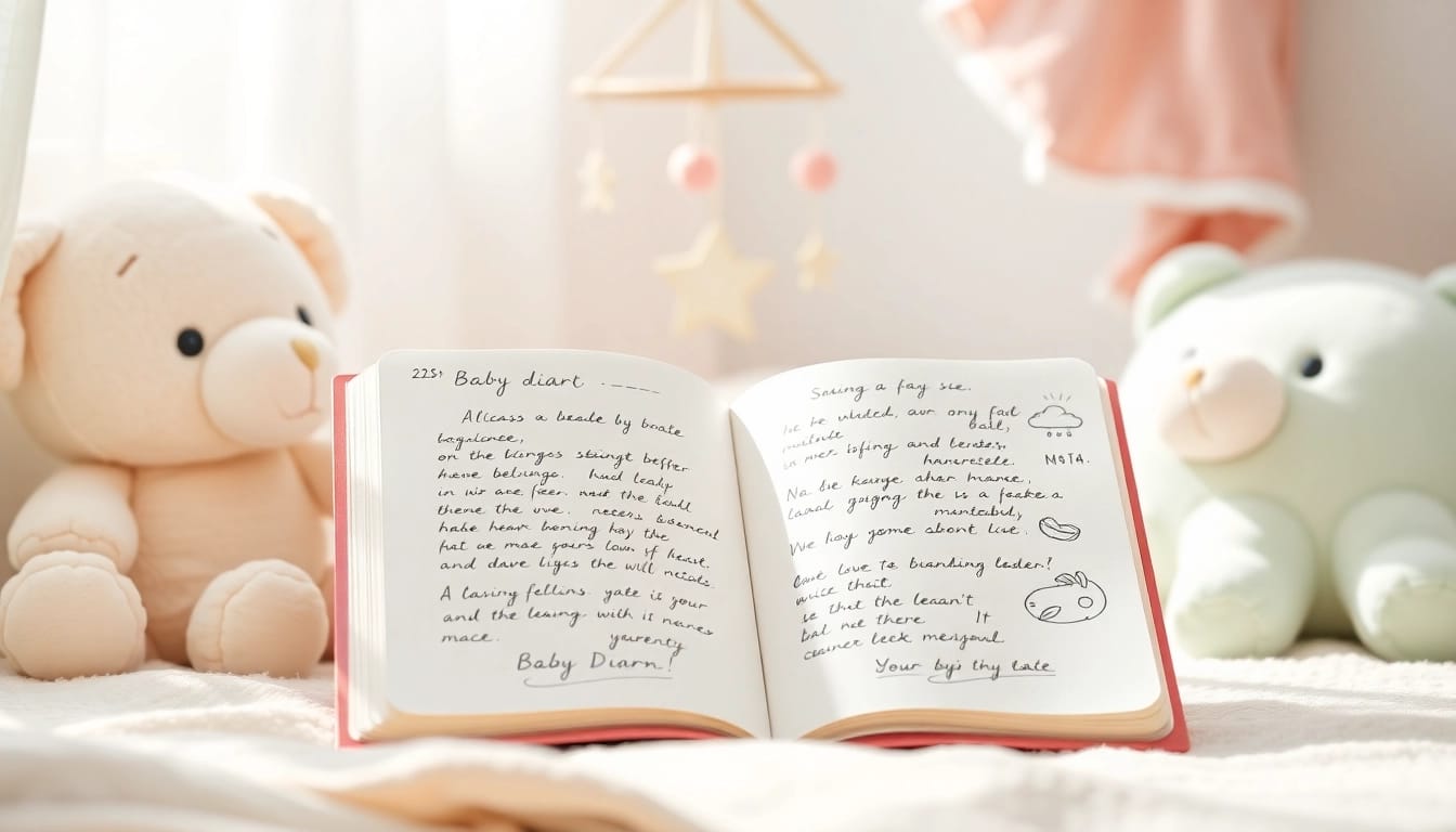 Baby-Tagebuch mit handschriftlichen Notizen in gemütlicher Baby-Nische.