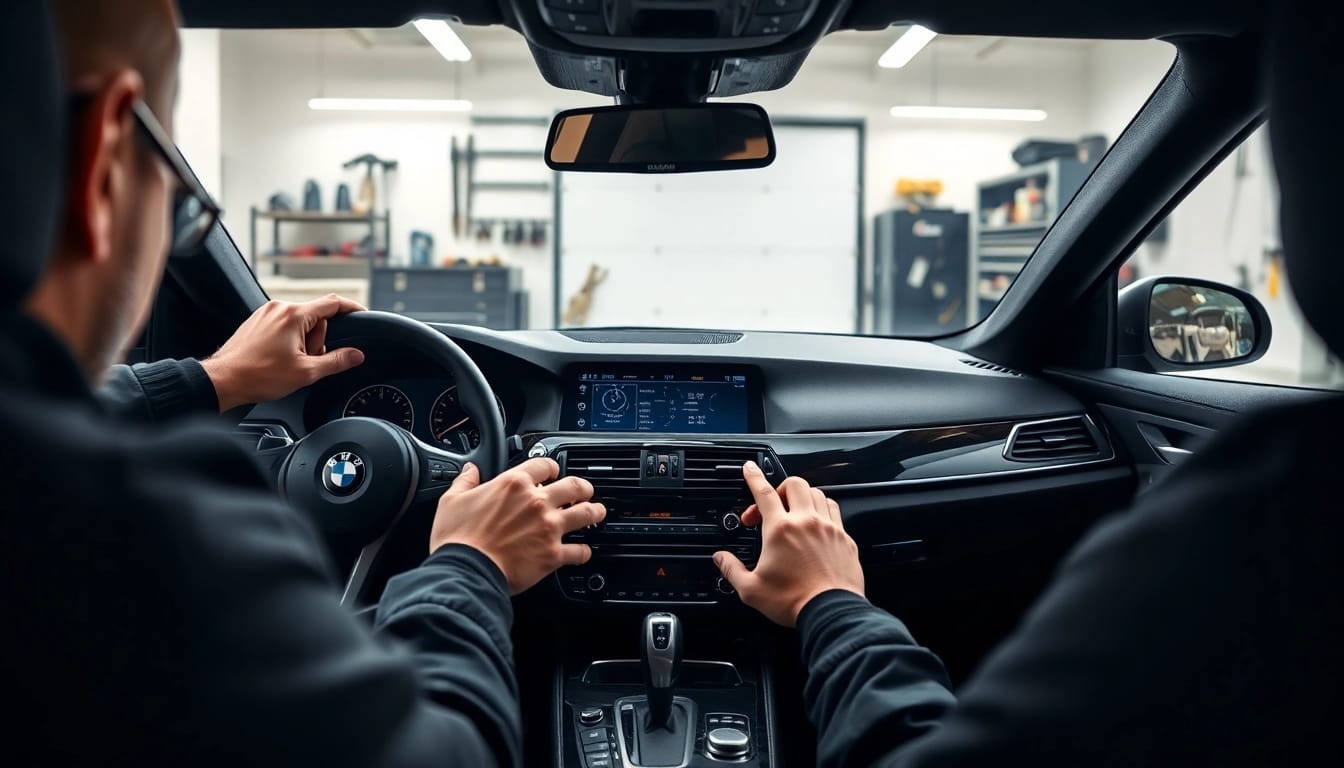 BMW Nachrüstung: Installation eines modernen Navigationssystems im Innenraum eines BMW-Fahrzeugs.