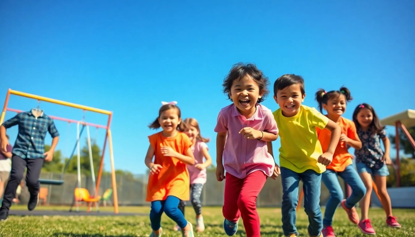 Details jetzt lesen ueber Kinder, die bei Bewegungsspielen auf einem bunten Spielplatz aktiv sind.