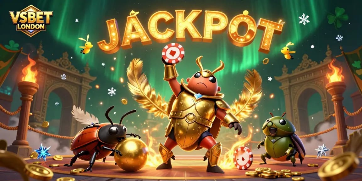 Celebrate winnings at VSBET LONDON with a 3D illustration of a gladiator beetle and jackpot.