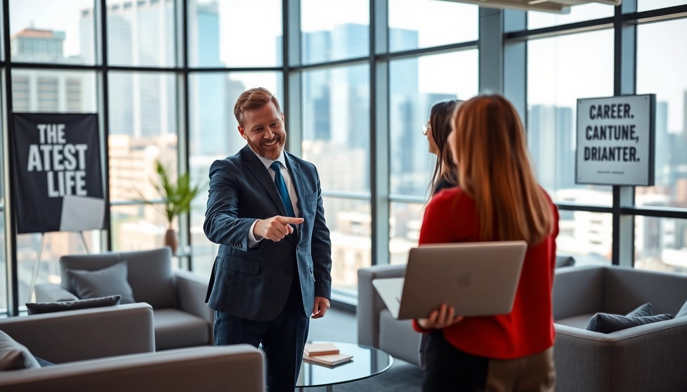 Headhunter Schweiz berät Kandidaten in einem modernen Büro mit Stadtblick.