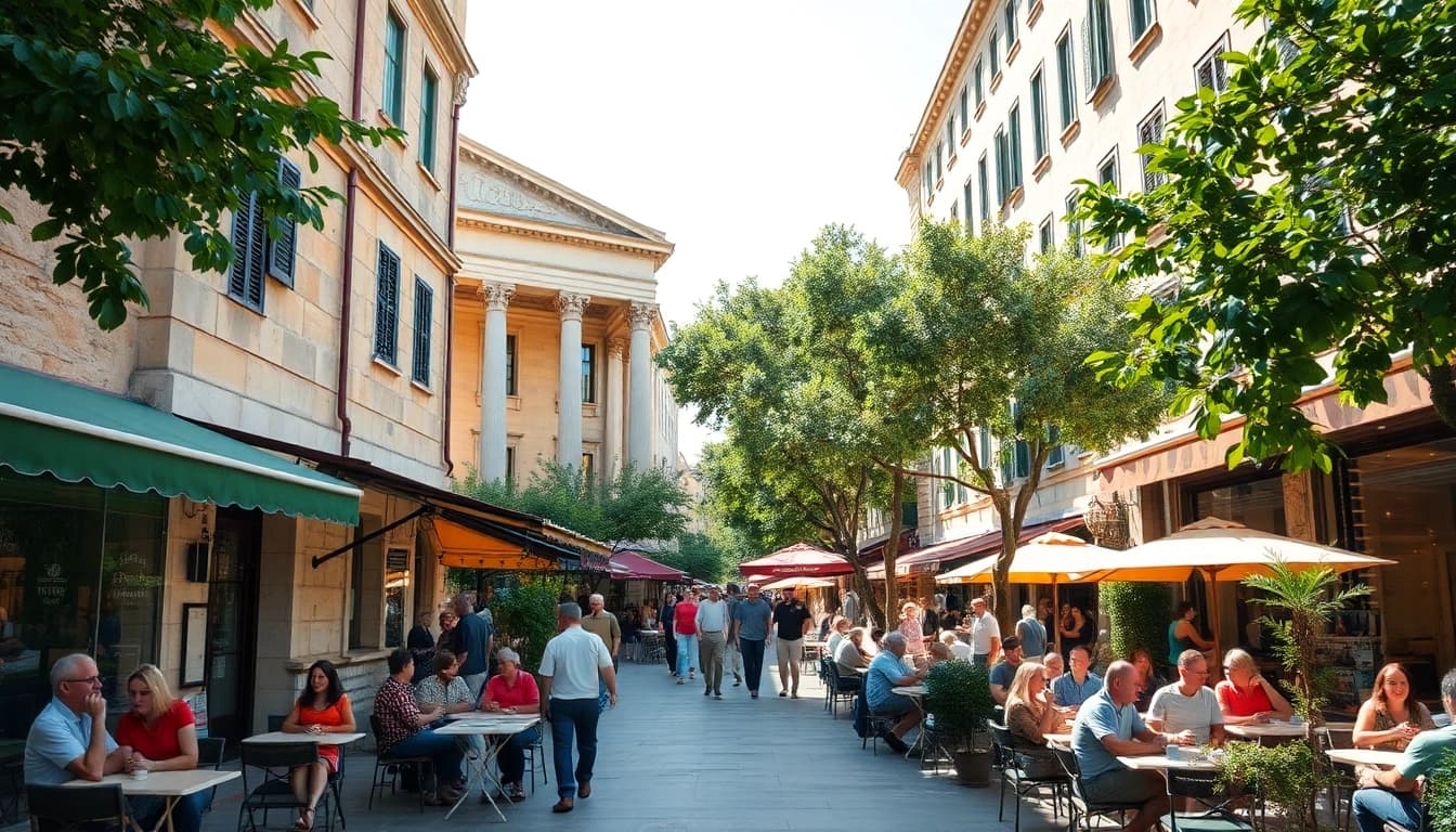 Athen street scene featuring ancient architecture and lively cafes.