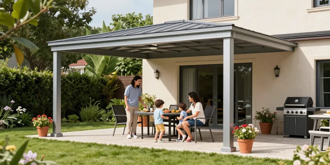 Freistehende Terrassenüberdachung aus Aluminium in einem sonnigen Garten mit Familie, die draußen spielt.