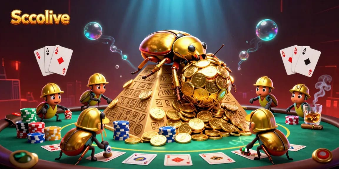 Socolive offers an engaging scene featuring a massive golden dung beetle amidst casino elements, showcasing dynamic action.