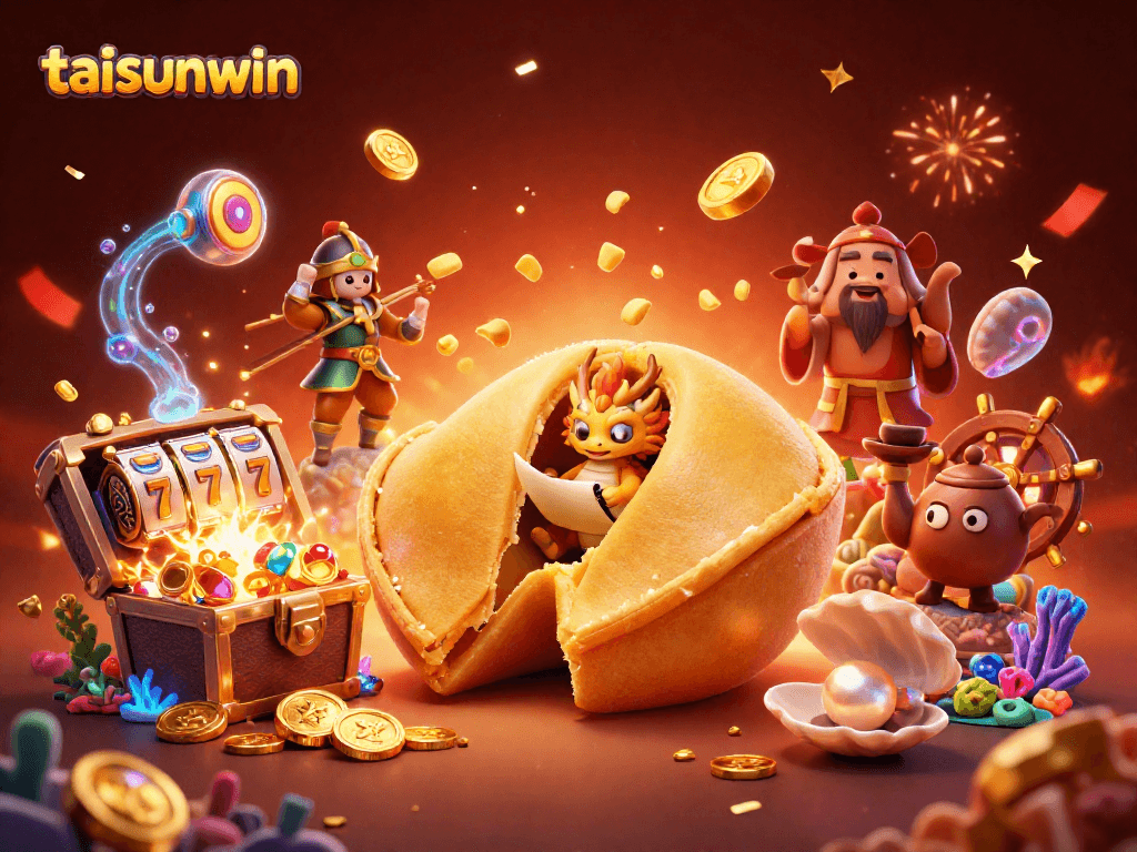 Taisunwin slots scene featuring a golden fortune cookie and dragon among casino treasures and jewels.