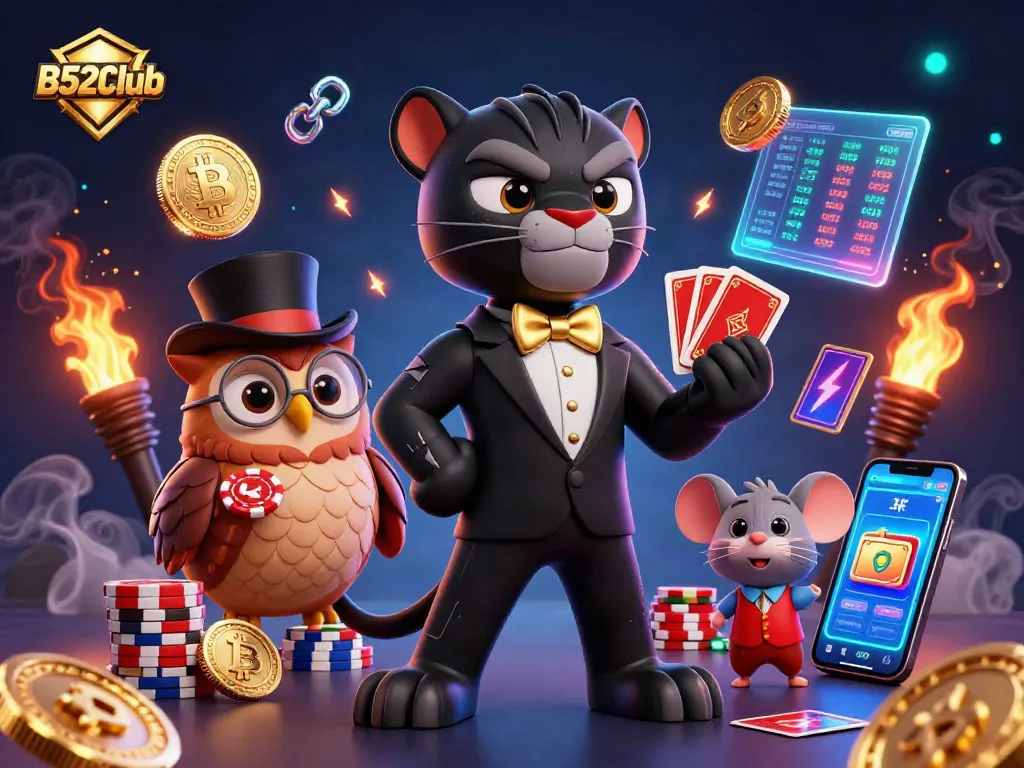 Join the excitement of B52Club with a sleek panther dealer, charming owl, and lucky mouse in a vibrant casino scene.