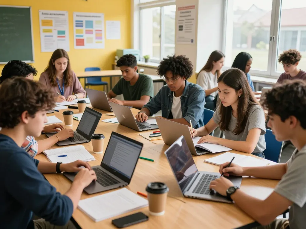Schüler arbeiten zusammen, um effektiv Hausaufgaben in einem lebhaften Klassenzimmer zu lösen.