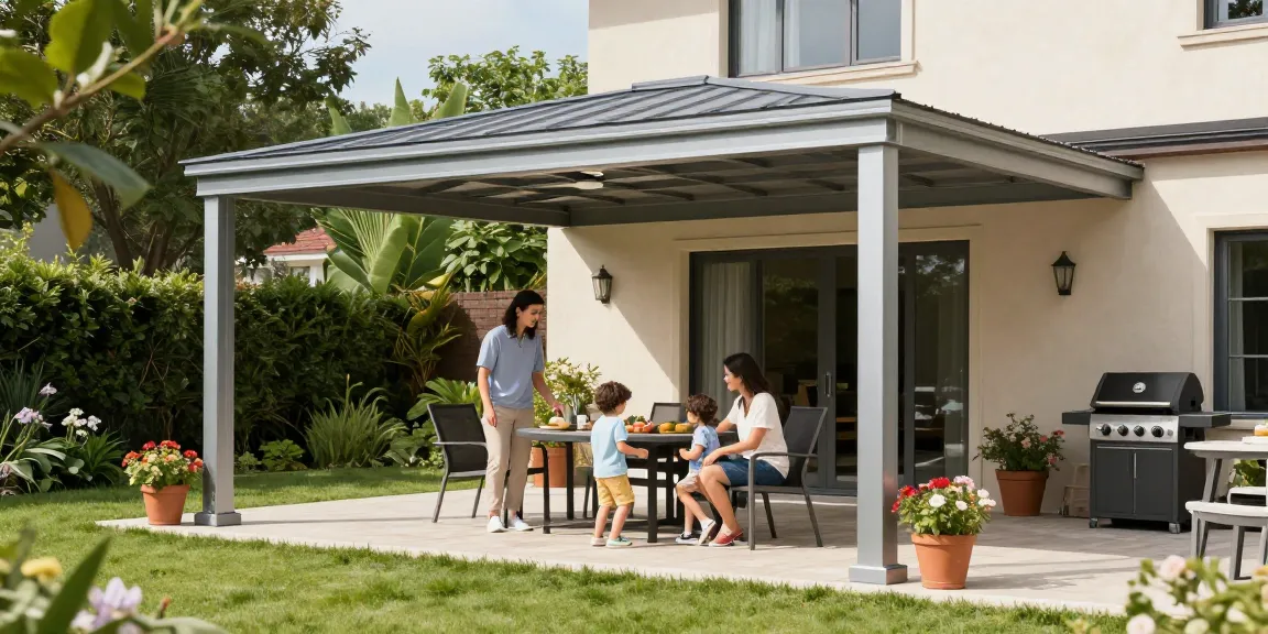 Freistehende Terrassenüberdachung aus Aluminium in einem sonnigen Garten mit Familie, die draußen spielt.