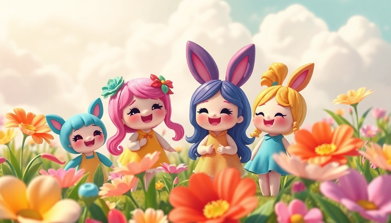 Gestalte faszinierende Gutdolls, die in einem farbenfrohen Garten herumspielen und Freude ausstrahlen.