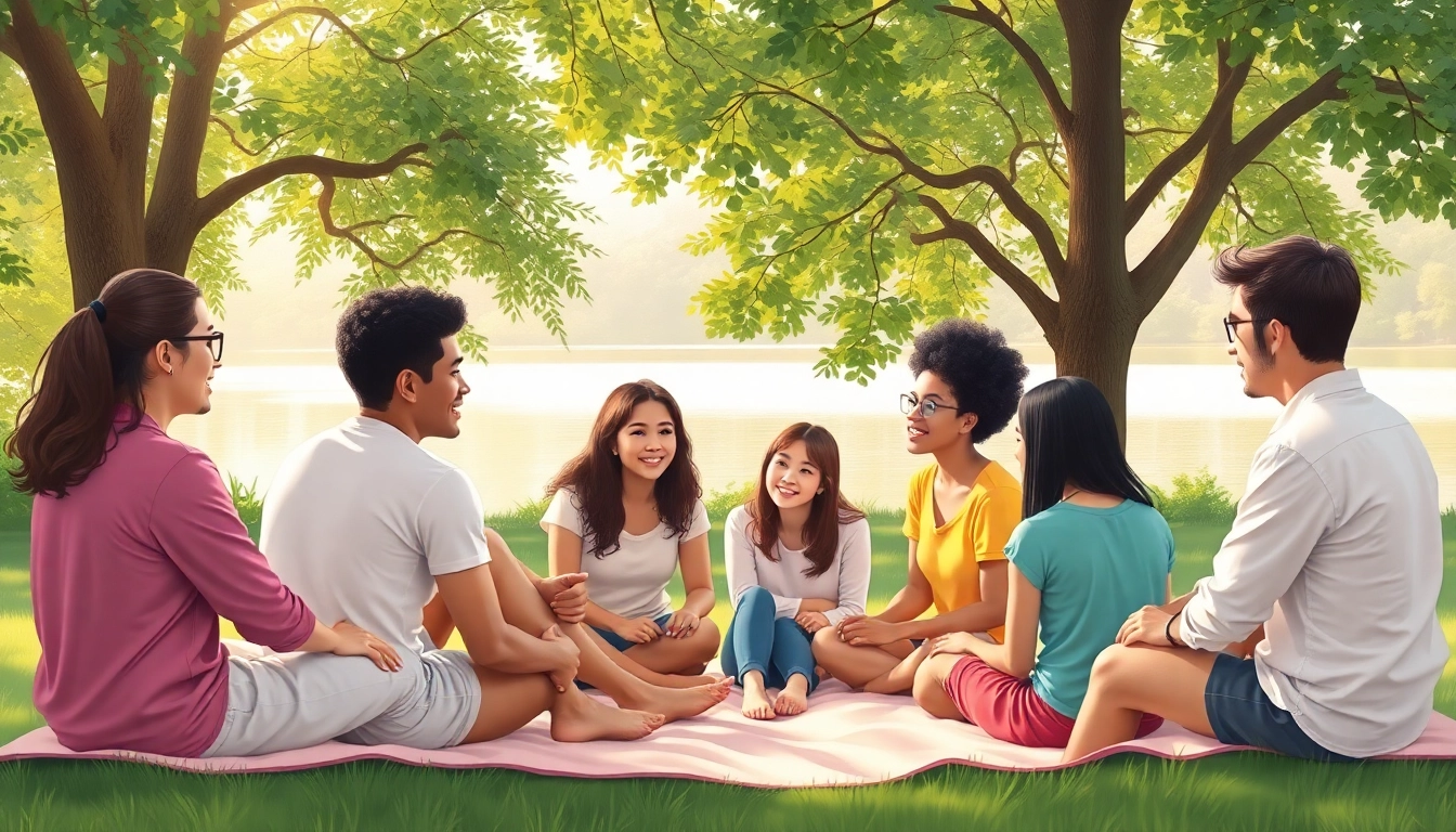 Promote mental health awareness with a serene illustration of friends discussing in a peaceful park.