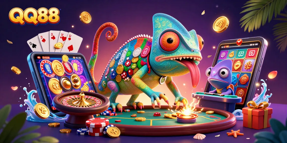 Engage with QQ88's thrilling casino experience featuring a colorful chameleon owner and dynamic game elements.