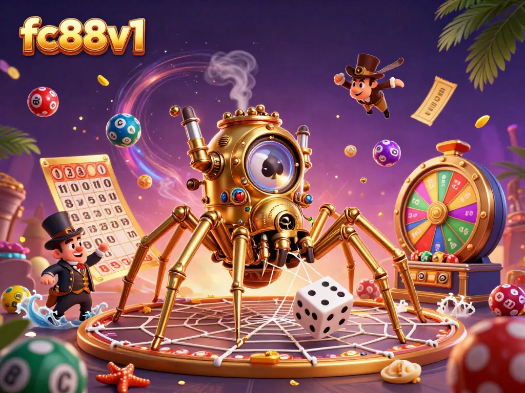 Engage with thrilling gameplay at fc88v1 featuring colorful lottery elements and a playful steampunk spider.