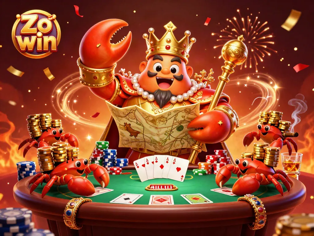 Experience the thrilling action of Zo win with a majestic crab emperor ruling the gaming scene amidst vibrant casino elements.