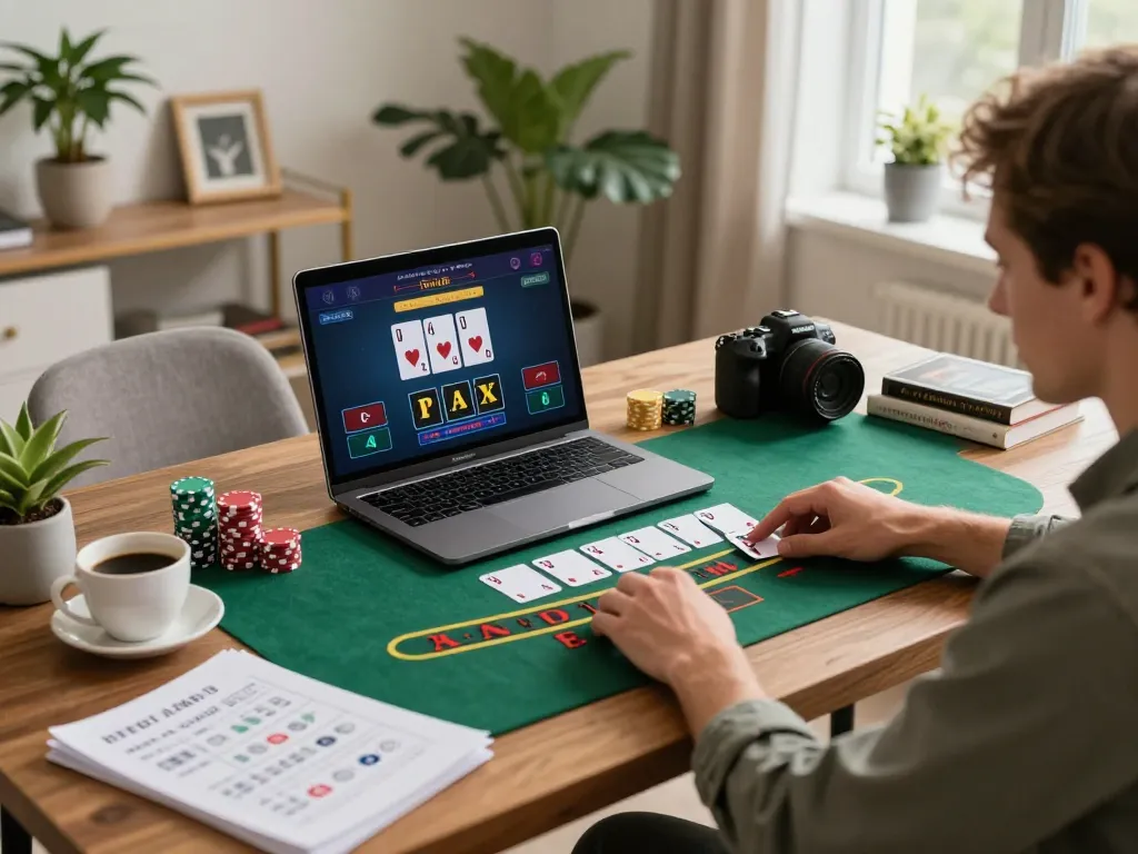 Player engaging in an online Plagiat Scan gaming session with blackjack interface visible on laptop.