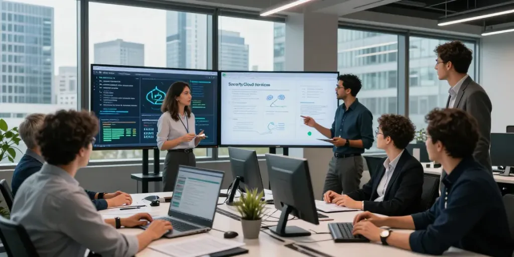 Cybersicherheit Frankfurt Teamarbeit in modernem Büro mit Präsentation über Sicherheitsstrategien.