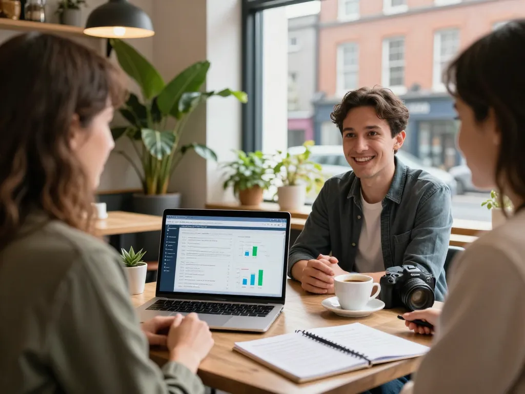 Engaging airbnb management dublin discussion between local experts in a cozy cafe.