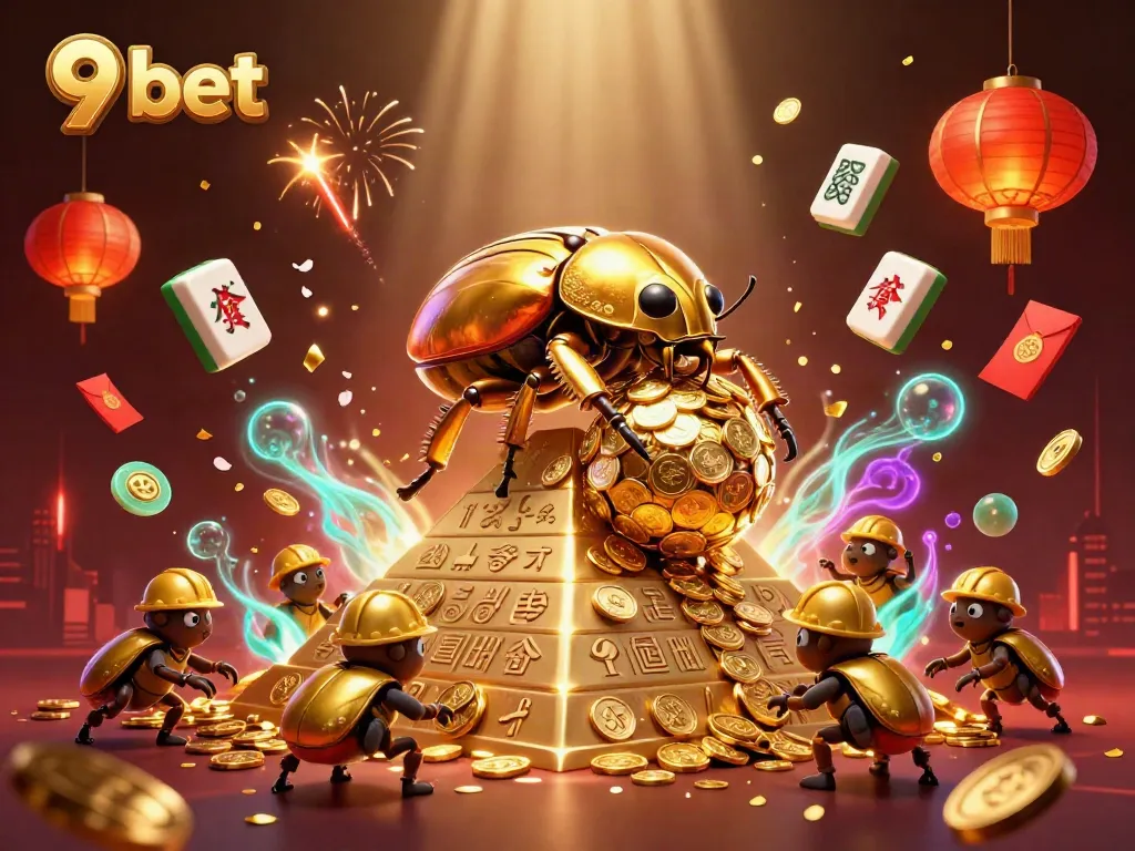 Engage in exciting gaming at 9 bet with a vibrant 3D illustration showcasing golden beetles and casino symbols.