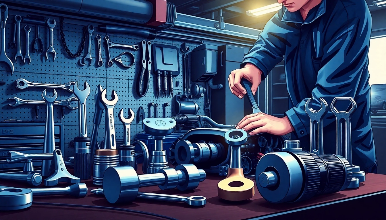 Kfz werkzeug on a workbench with a mechanic using a wrench.