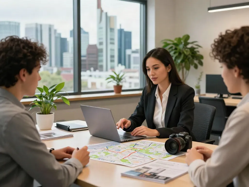 Bester Immobilienmakler Frankfurt berät Kunden in modernem Büro mit Skyline von Frankfurt im Hintergrund