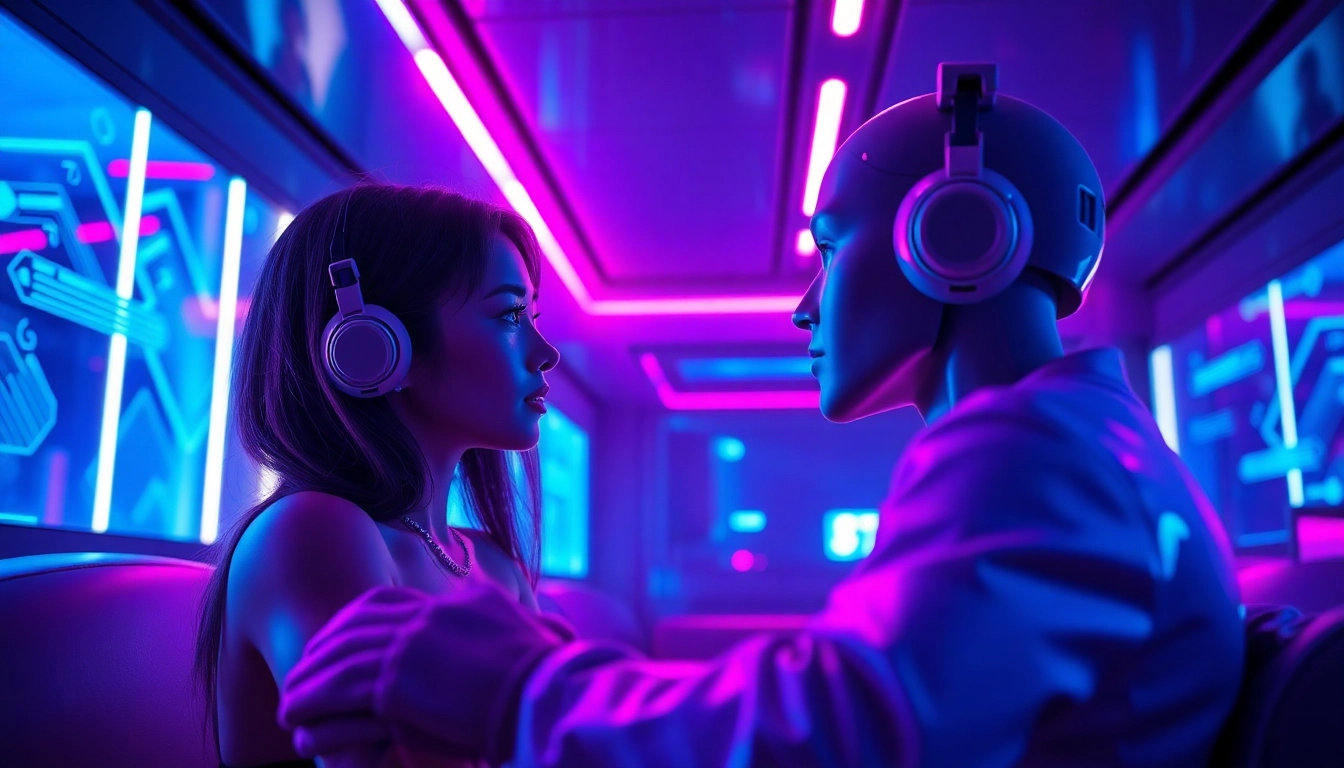 Engaging NSFW chat interaction with dynamic AI characters in a modern, inviting atmosphere.