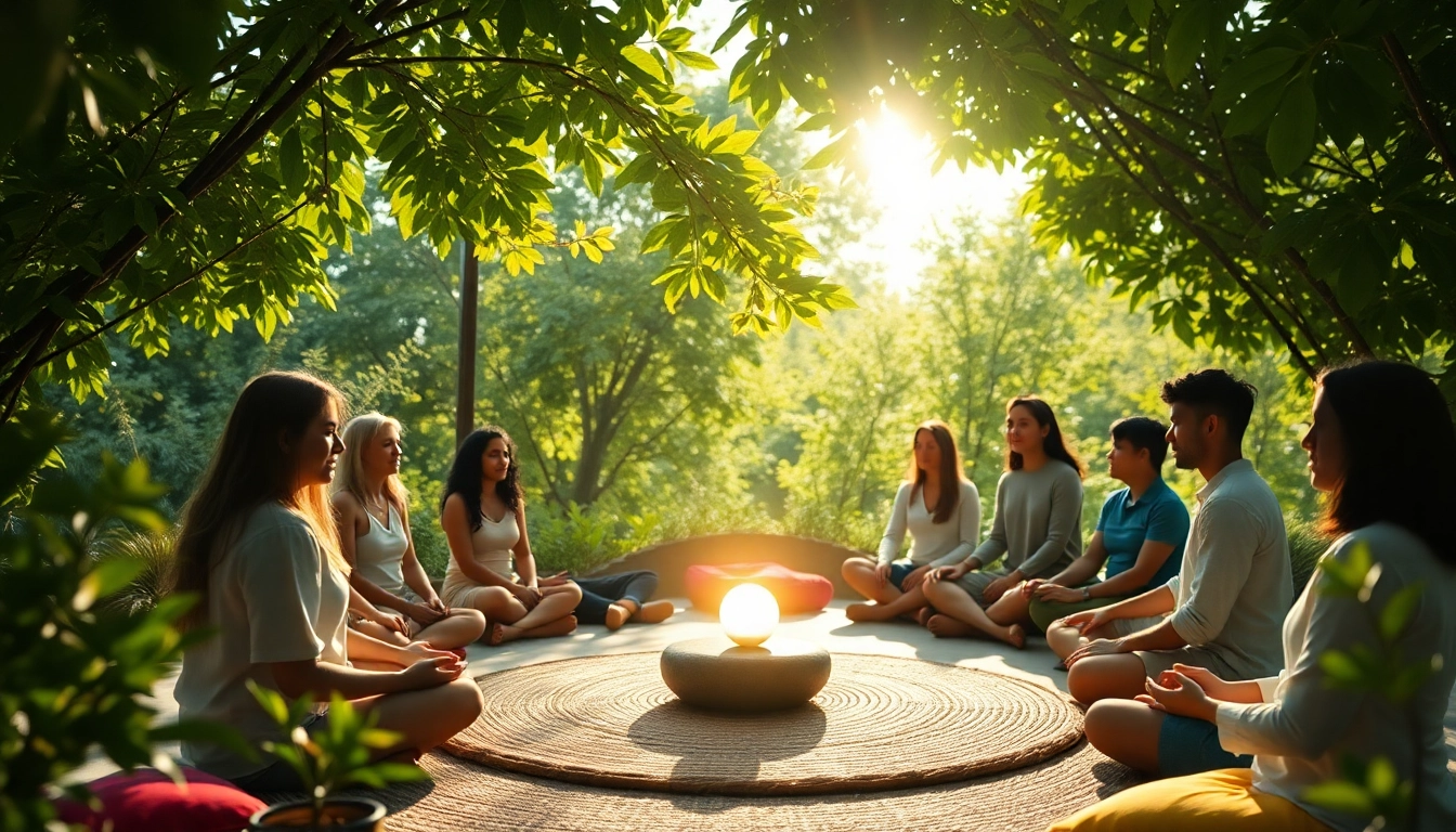 Spirituelle Seminare mit Teilnehmern in entspannter Atmosphäre unter Bäumen.