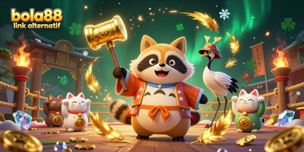 Bets come alive with bola88 link alternatif as a tanuki and friends celebrate in a vibrant casino scene.