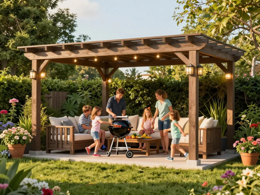 Visualisieren Sie eine atemberaubende Pergola 3D in einer lebhaften Gartenumgebung mit Familie und Aktivitäten im Freien.