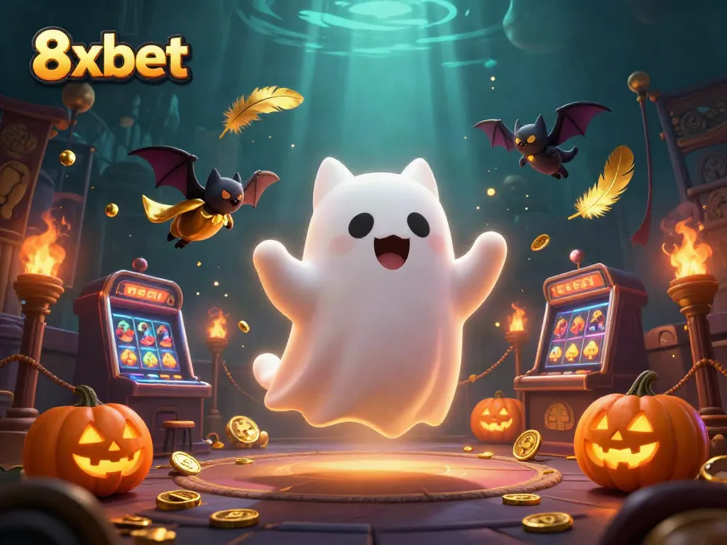 Experience thrilling gaming with 8xbet in this vibrant haunted casino scene featuring unique characters.