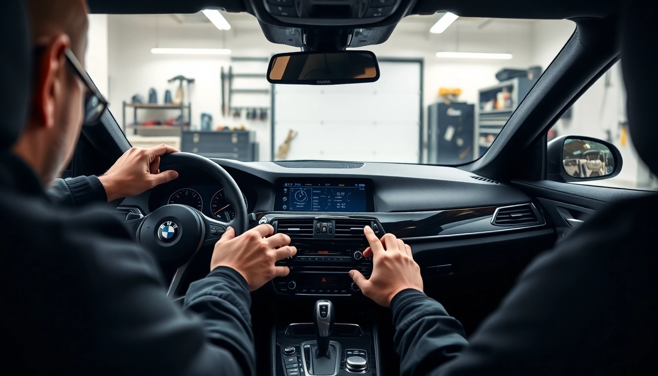 BMW Nachrüstung: Installation eines modernen Navigationssystems im Innenraum eines BMW-Fahrzeugs.