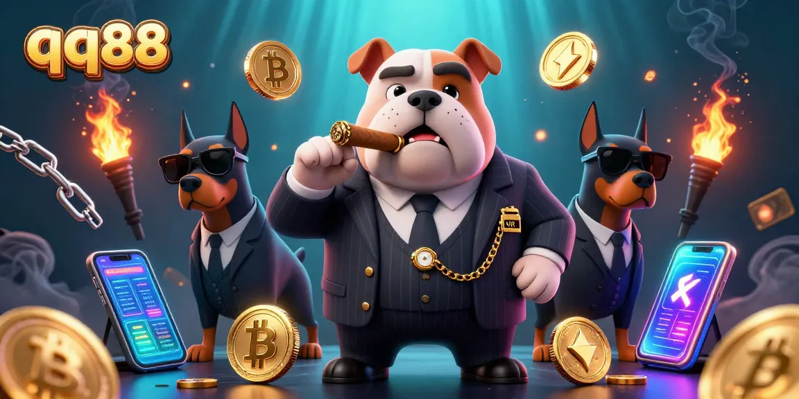 Engage with qq88 in an ultra-detailed digital casino scene featuring a mafia boss bulldog.