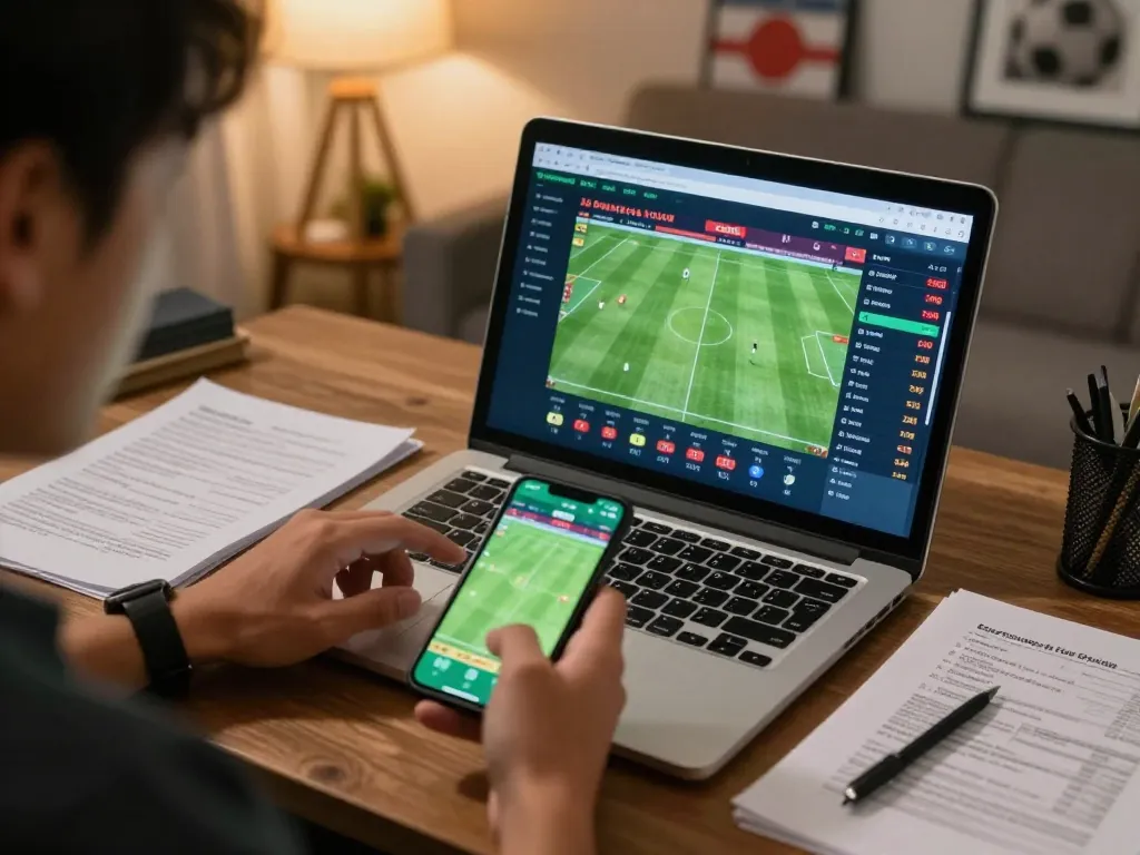 Person analyzing keonhacai odds for sports betting on laptop in cozy living room