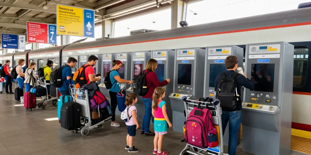 Reisende beim Zugticket buchen am Bahnhof, lebhafte Atmosphäre, vielfältige Interaktionen.