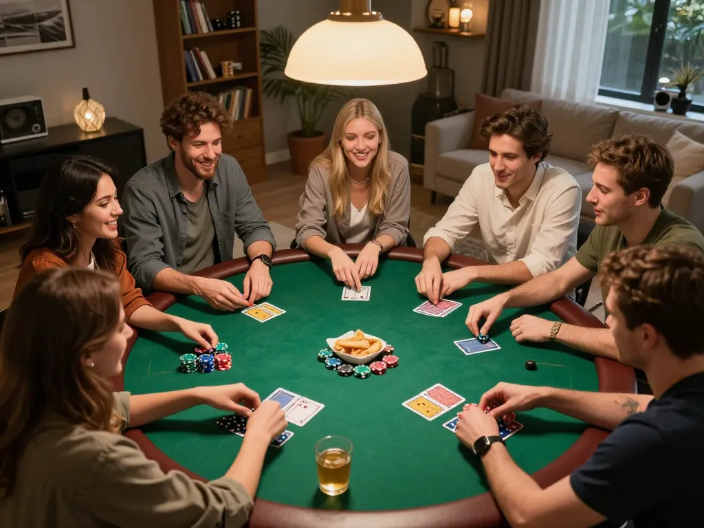 Friends playing poker at home, enjoying a cm88 gaming experience with chips and cards.