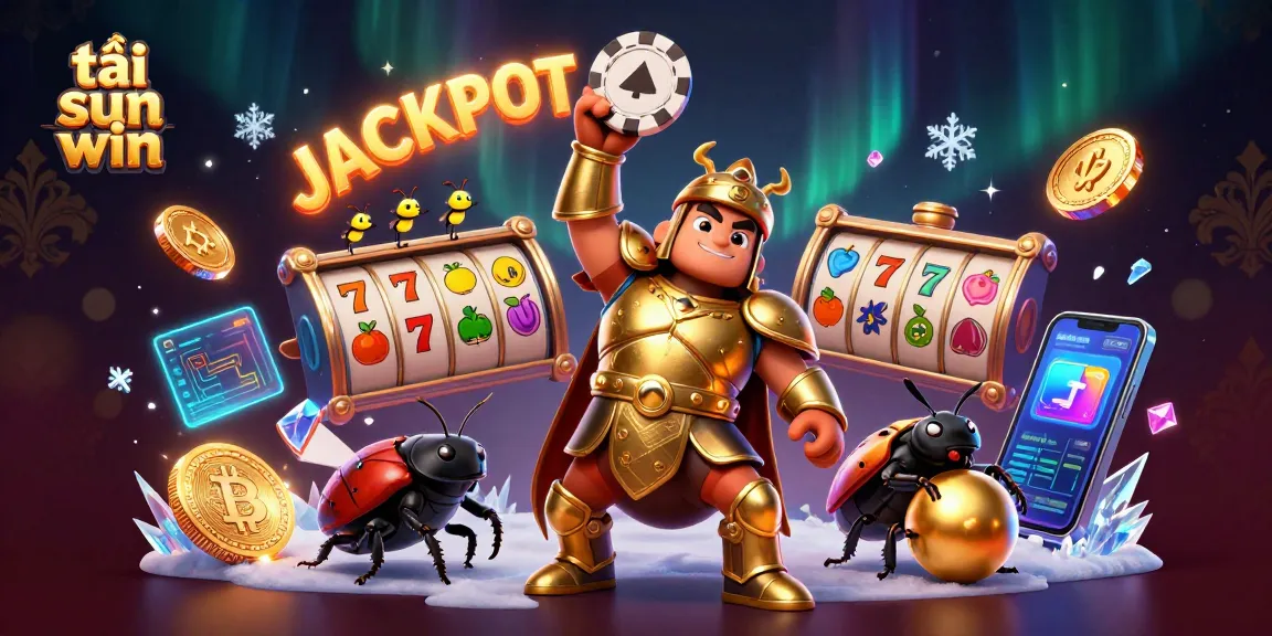 Capture the excitement of tải sun win, showcasing a victorious beetle with casino elements and jackpot vibes.