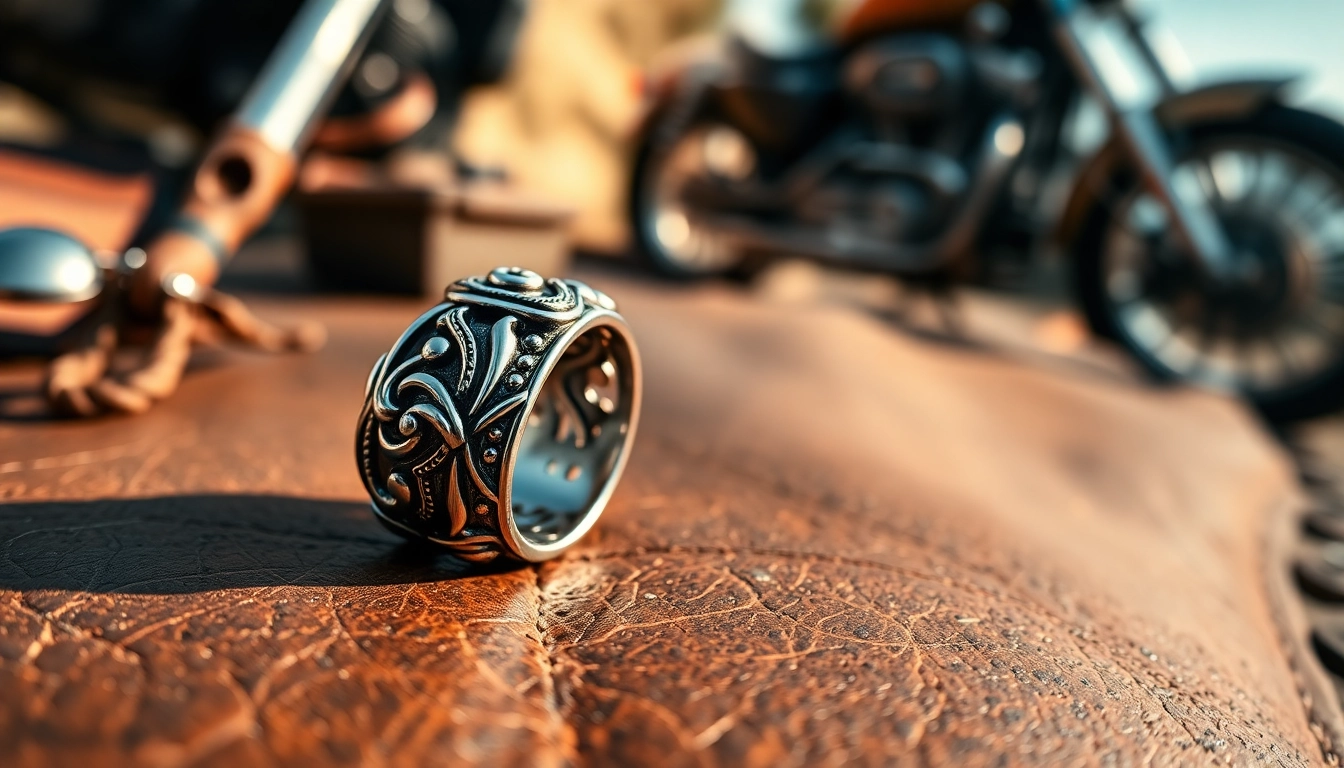 Eleganter biker ring mit detaillierten Gravuren auf einem Lederuntergrund, stilvoll inszeniert.