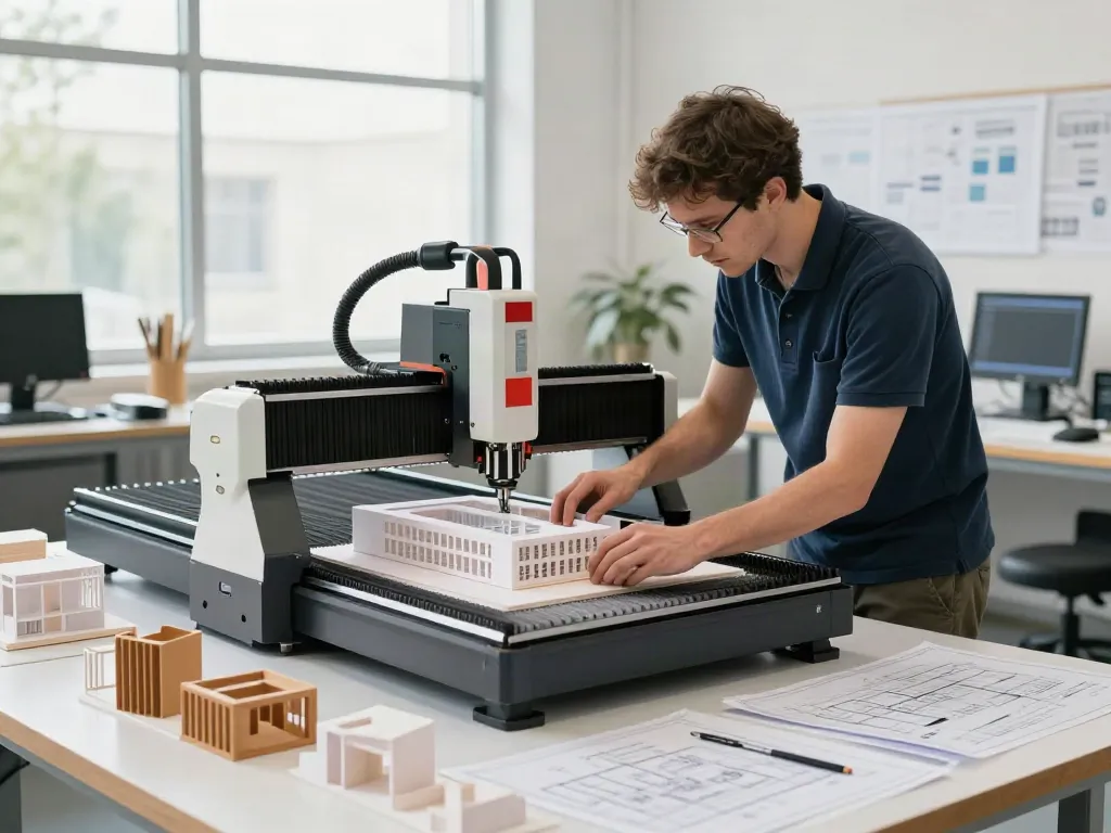 CNC Fräsen Architekturmodell in einem modernen Architekturstudio mit einem Techniker, der präzise arbeitet.