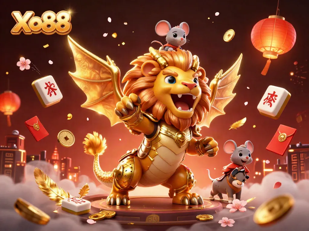 Engage with Xo88's exhilarating casino experience featuring a roaring chimera and thrilling game elements.