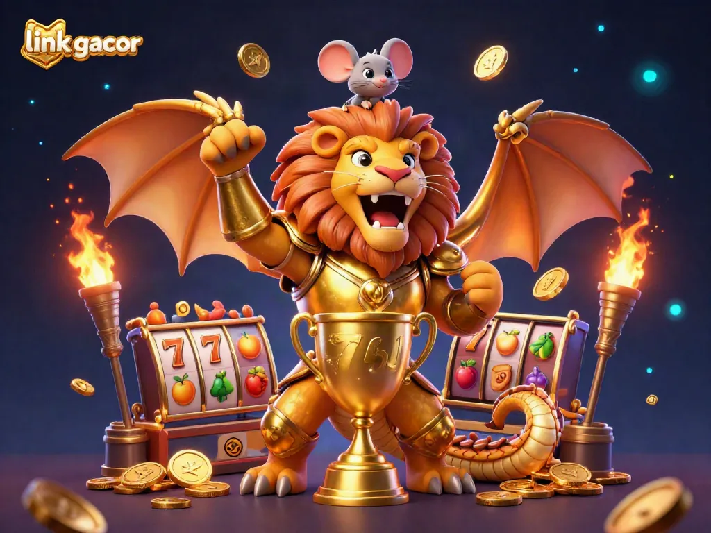 Experience thrilling jackpot adventures with link gacor amidst vibrant slot symbols and a captivating chimera creature.
