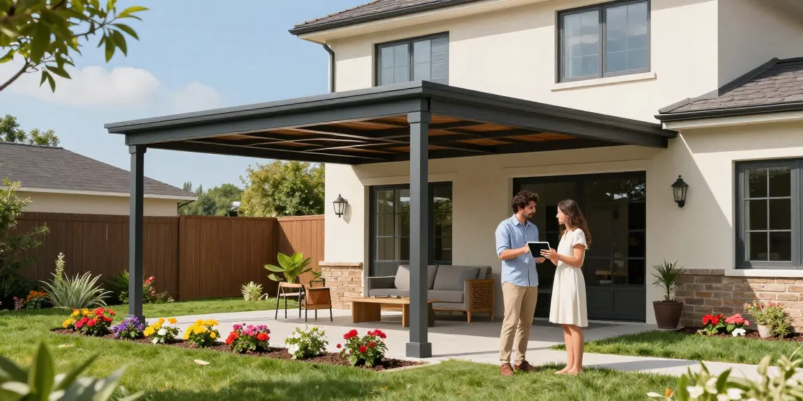 Moderner Carport-Bau mit Familie, die Designs betrachtet.