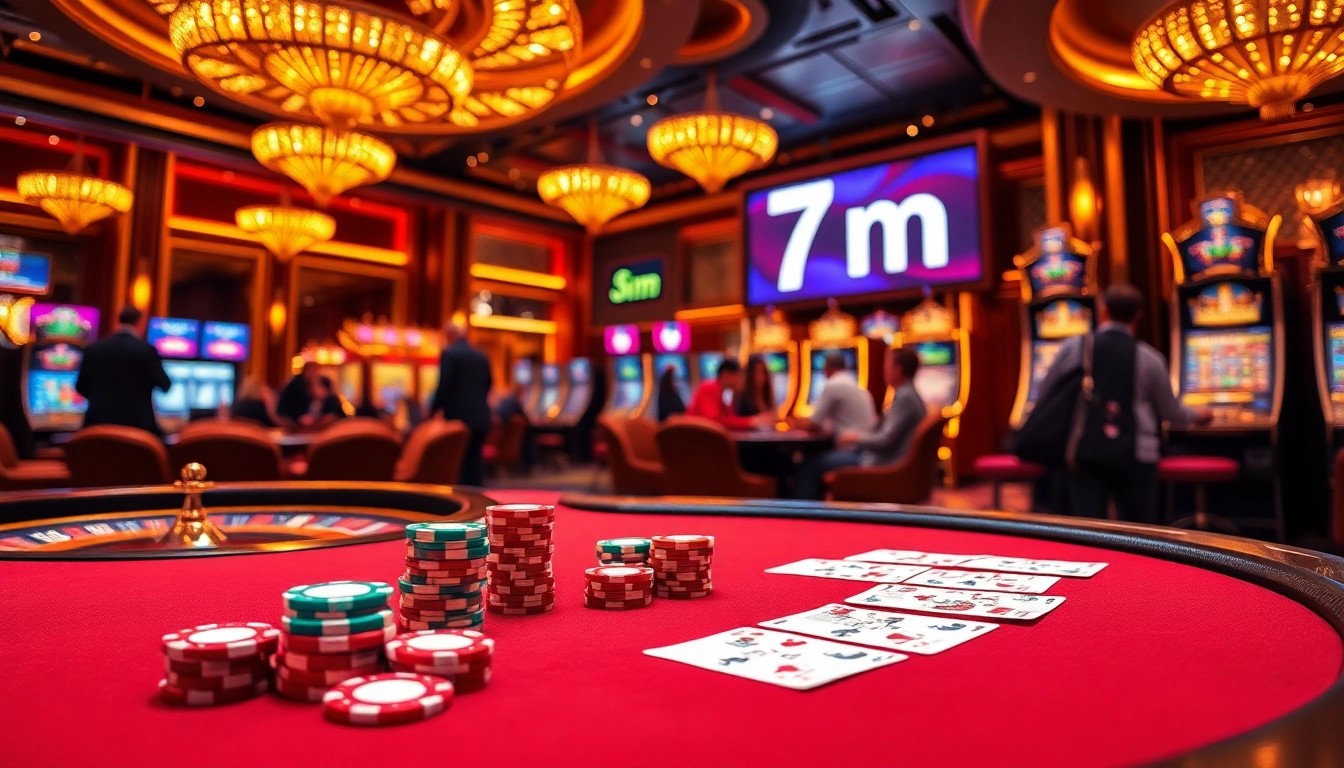 Feature-rich casino scene with poker chips, cards, and a roulette wheel highlighting 7m.
