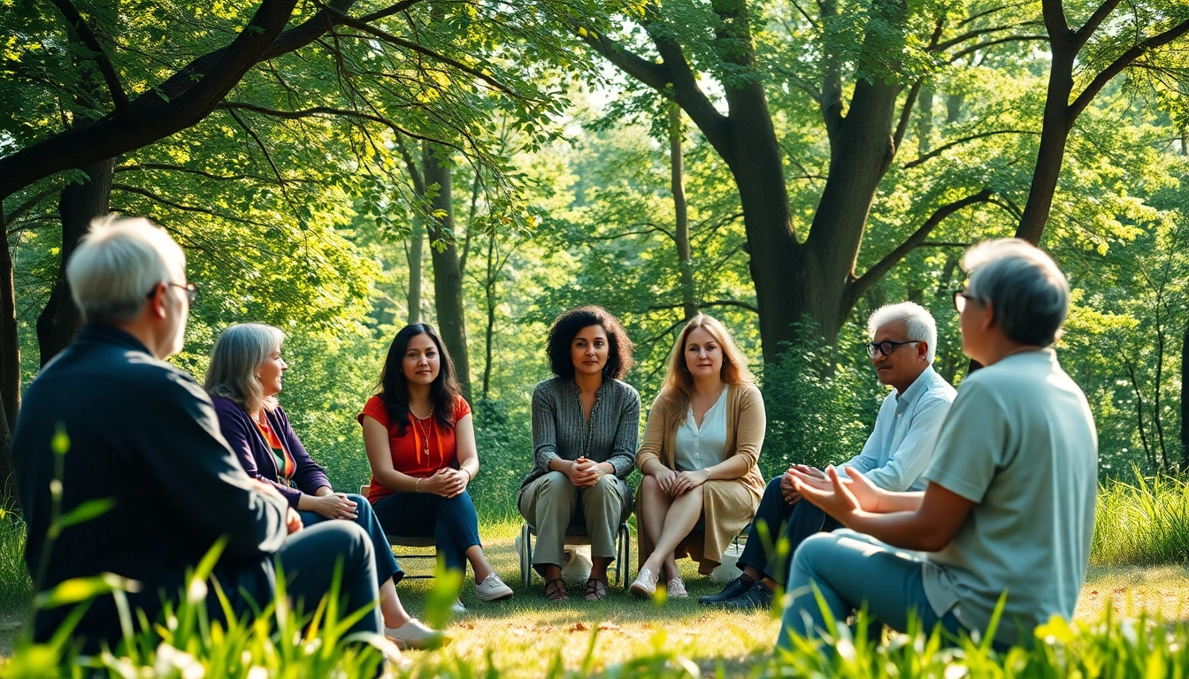 Spirituelle Seminare im Freien, Teilnehmer in einem Kreis diskutieren.