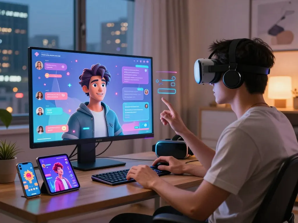 Engaging user interaction with character AI nsfw in a colorful digital setting filled with modern tech.