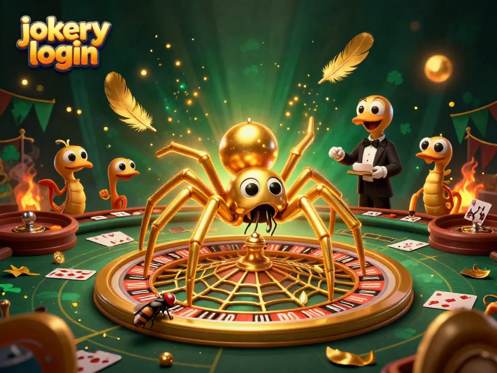 Engage in jokery login with a playful scene of a golden spider and croupier at a roulette table.